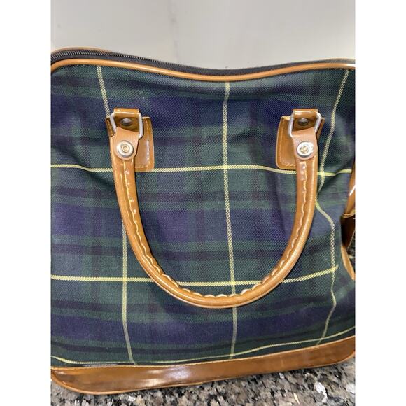 Vintage Lacoste Plaid Canvas Tote Bag Green Blue Brown Trim Retro Preppy - Picture 10 of 15